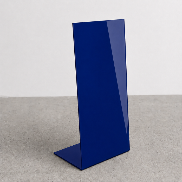 Blue opaque acrylic floor sign with a slanted face and flat bent base.