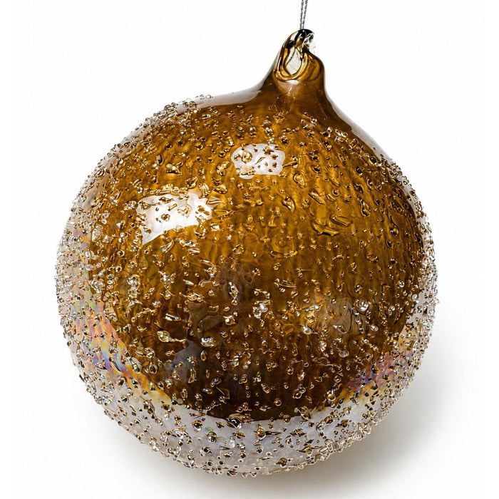 120mm hand-blown amber glass ball ornament with intricate, sparkling beaded texture for holiday decor.