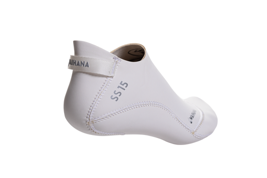 White neoprene Waihana SS15 dive sock with ankle strap and stitched seams photographed against a black studio background.