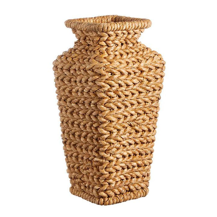 18.75-inch tall square woven vase made of natural water hyacinth and wicker with an earthy, rustic texture.