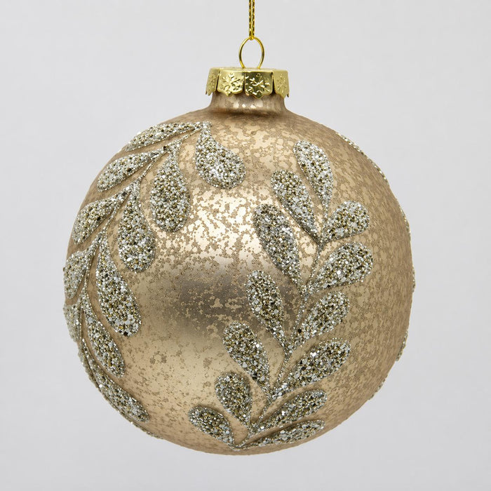 4-inch champagne glass ornament featuring a textured finish and shimmering silver beaded branch patterns.