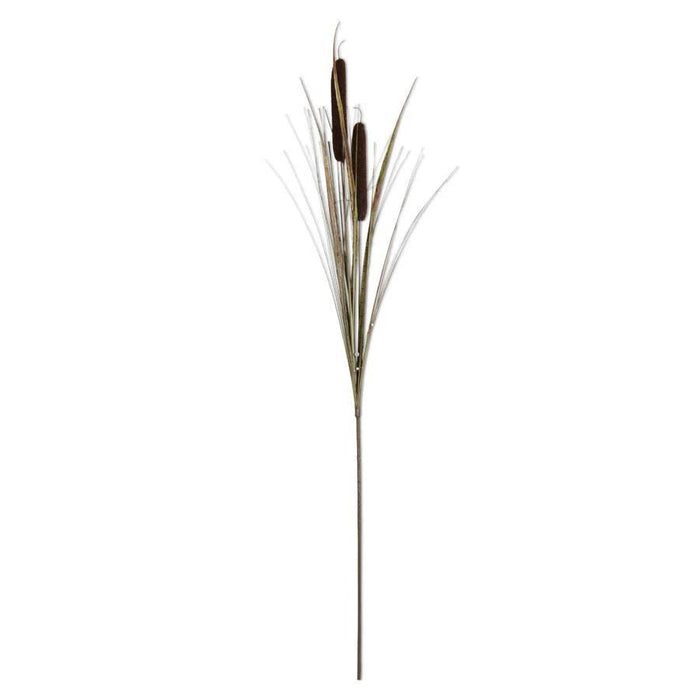 42-inch artificial double cattail stem with dark brown heads and realistic green grass accents for rustic decor.