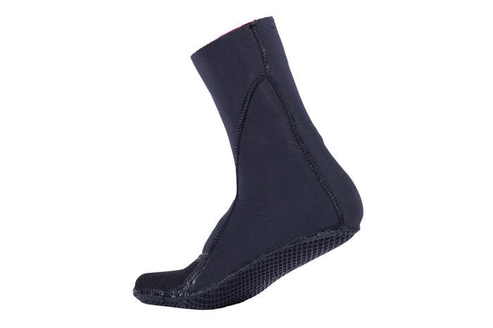 Waihana Essentials Black neoprene high-top dive sock with textured grip sole and red interior lining, shown in profile against a white background.