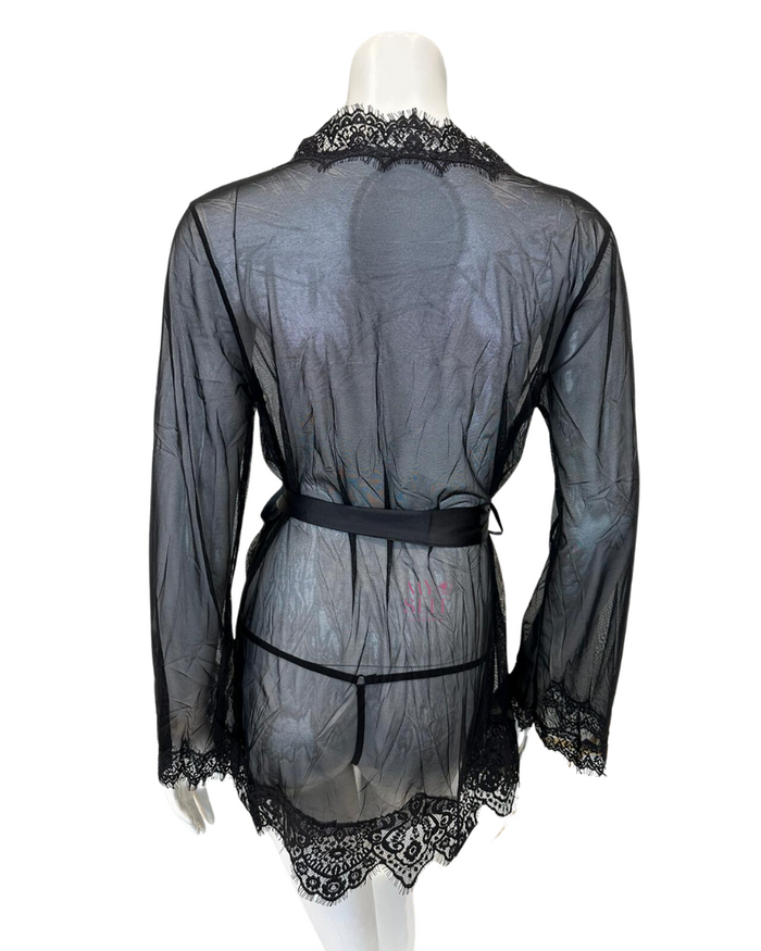 Oh La La Cheri 94-11136X Black Whip Eyelash Sheer Lace Robe with G-String myselflingerie.com