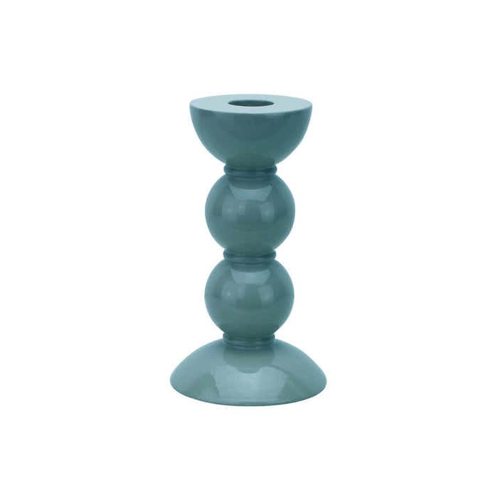 Chambray blue lacquered bobbin-shaped candlestick made from solid rubberwood with a high-gloss finish.