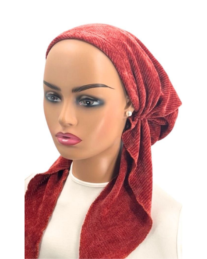 Ahead P2237-24 Dark Coral Knitted Chenille Pre-Tied Bandanna myselflingerie.com