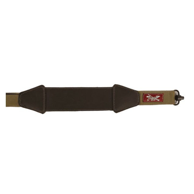 Tan rifle sling with dark brown buffalo leather pad and Armageddon Gear logo patch on a durable nylon strap.