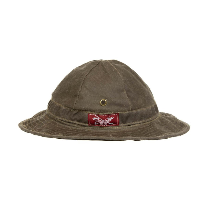 Brown waxed canvas waterfowler hat with a wide brim, metal ventilation eyelet, and Armageddon Gear logo patch.