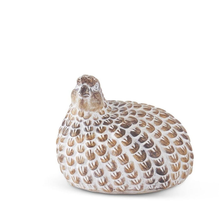 Tan and white resin quail figurine with detailed feather textures and a rustic whitewashed finish.