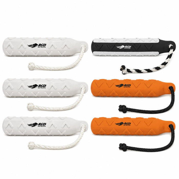 Avery HexaBumper Pro Pack featuring six 2-inch dog training bumpers in white, orange, and flasher styles with throw ropes.