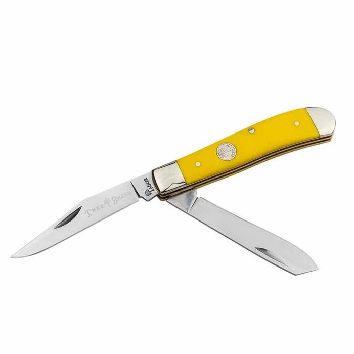 Boker Mini Trapper folding knife with yellow synthetic handle, dual D2 steel blades, and nickel silver bolsters.