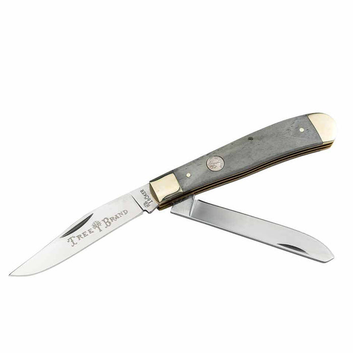 Boker Traditional Series 2.0 Trapper knife with grey handle, brass bolsters, and dual satin-finish D2 steel blades.