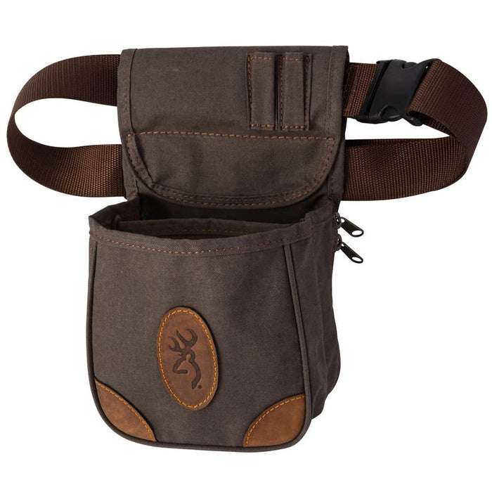Browning Lona shell pouch in brown cotton canvas with leather trim, adjustable belt, and side zipper for shell disposal.