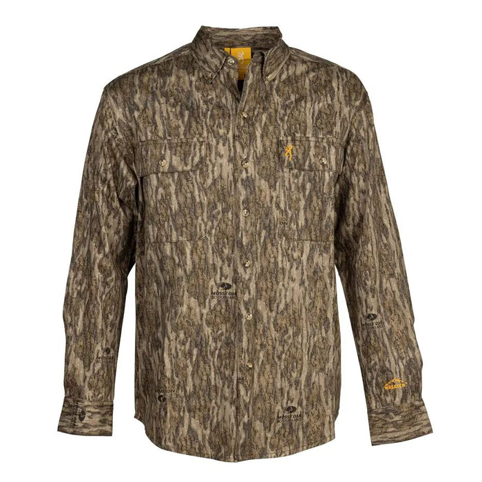 Browning Wasatch long sleeve cotton button-down shirt in Mossy Oak Bottomland camo with dual chest pockets.