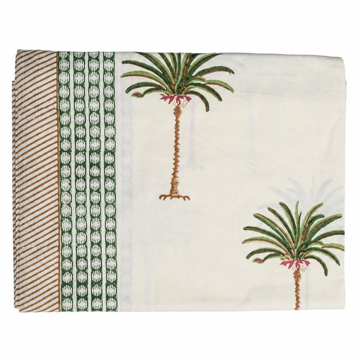 72x108 inch cotton linen tablecloth with green palm tree hand block prints and striped border on a white background.