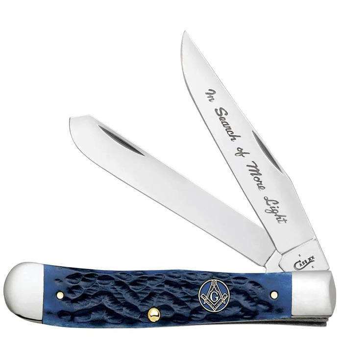 Case Masonic Trapper knife with blue jigged bone handle, two stainless steel blades, and Masonic emblem inlay.