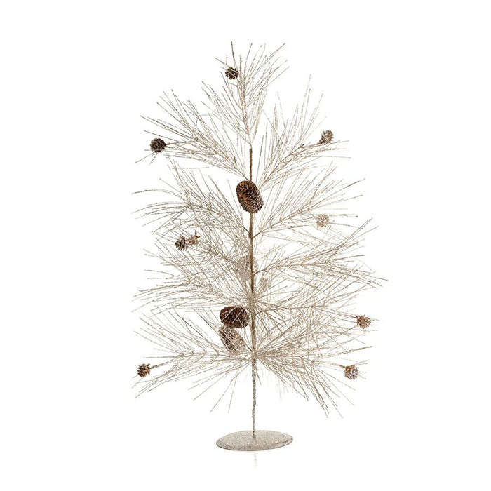 Elegant champagne-colored spruce tree with pinecone accents on a sturdy metal base, perfect for holiday tabletop decor.