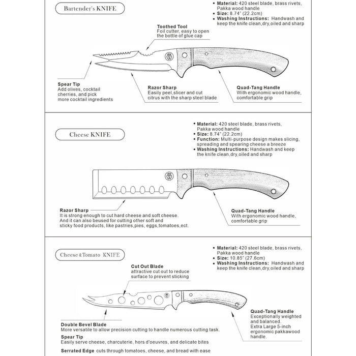 Prince of Scots charcuterie knife set featuring stainless steel blades and ergonomic pakkawood handles with brass rivets.