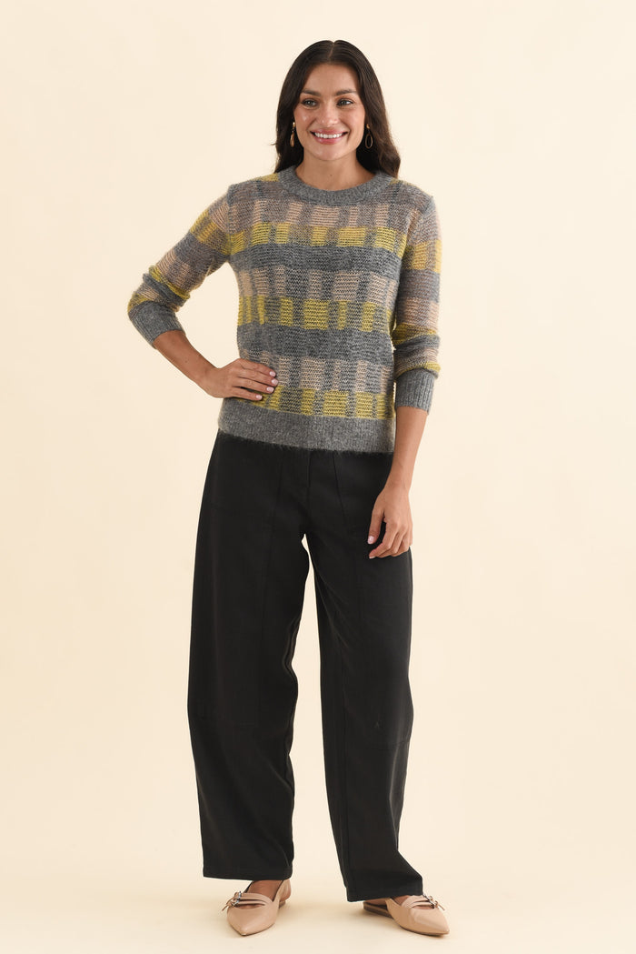 Ciara Camel Stripe Mohair Wool Knit Jumper,Brunette model,alt text|model:Brontie