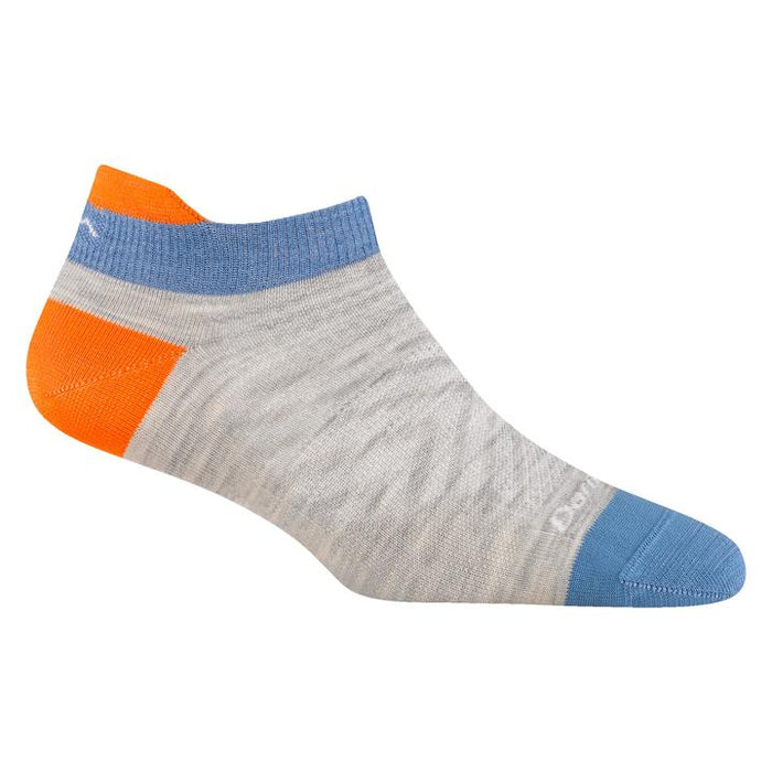 Darn Tough women's ultralight no-show running sock in grey, blue, and orange with a protective heel tab and arch support.