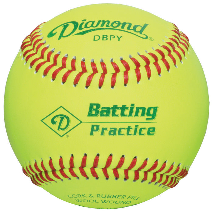 The Diamond Batting Practice Baseballs: DBPY by Diamond features a bright yellow leather cover, red stitching, and green "DBPY" and "Batting Practice" labels, designed for high-quality batting practice use.