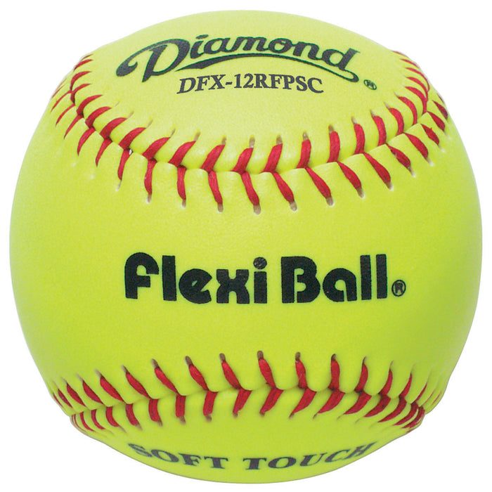 The Diamond FlexiBall 12" Synthetic Fastpitch Softball (DFX-12RFPSC) is a yellow softball with raised seams and red stitching, featuring "Diamond," "Flexi Ball," and "Soft Touch" printed in black and blue—ideal for fastpitch training.