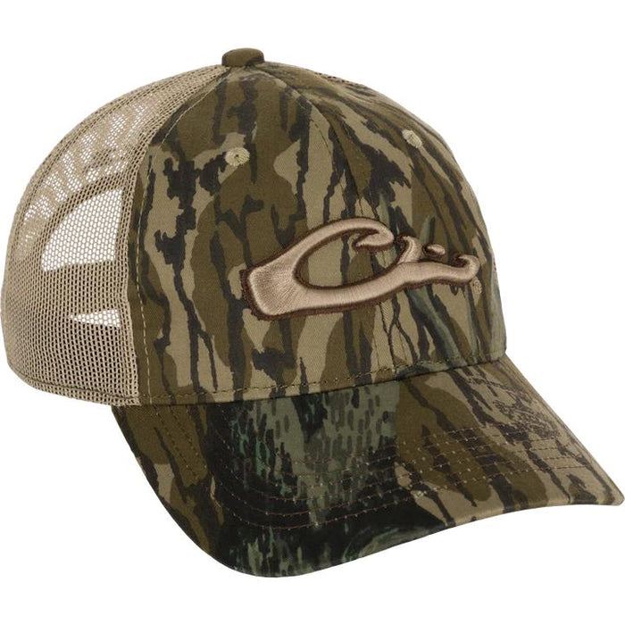 Drake 6-panel camo cap with tan mesh back, cotton front, and embroidered duck head logo.