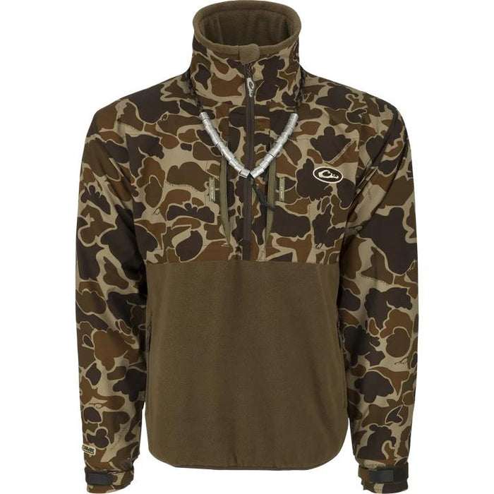Drake MST Eqwader 1/4 zip hunting pullover in camouflage and olive fleece with chest pockets and call lanyard.