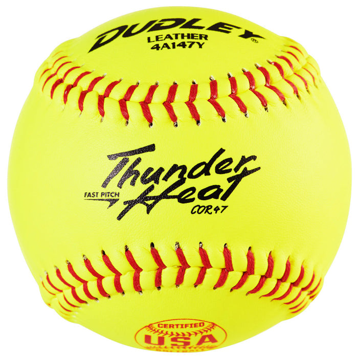 The Dudley USA Thunder Heat 12" 47/375 Leather Fastpitch Softball (4A147Y) features bright yellow leather, red stitching, and official markings—perfect for players seeking top-quality softballs from Dudley.