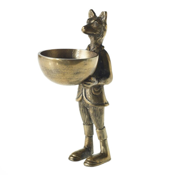 Antique gold metal dish stand featuring a whimsical fox character holding a decorative bowl, 16.25 inches tall.