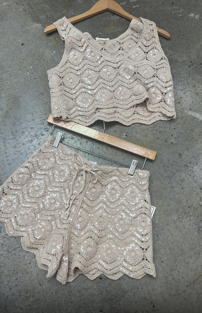 Embellished Crochet Short Set: Tan