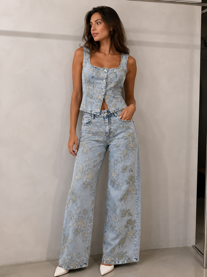 Embro Flower Blue Jean Set