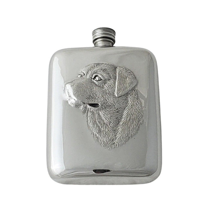 6 oz. polished English pewter flask featuring a detailed embossed Labrador retriever head motif.