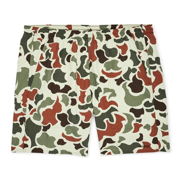 Filson Oxbow Lake Trunks in camo print, featuring an elastic waistband and lightweight recycled ripstop nylon fabric.