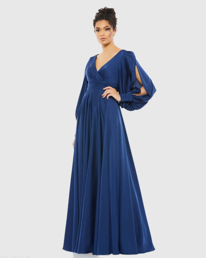 Navy Flowy Split Bishop Sleeve Faux Wrap Gown - Ieena for Mac Duggal