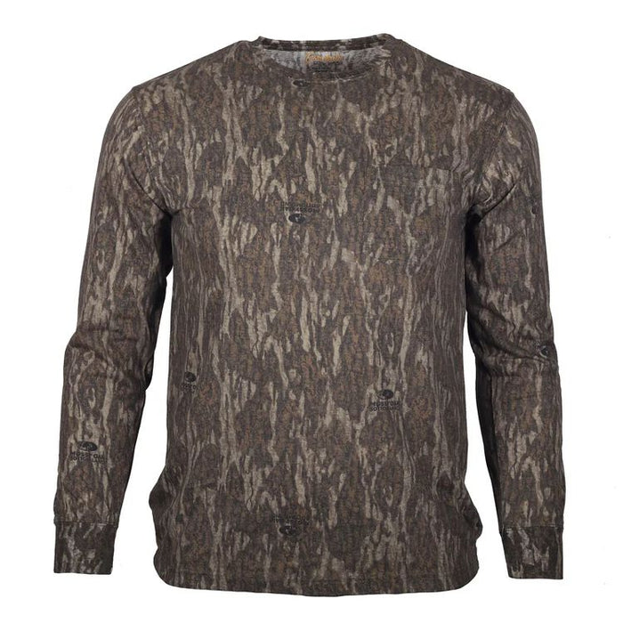 Youth long sleeve crew neck shirt in Mossy Oak Bottomland camo print with a front chest pocket and soft cotton blend.
