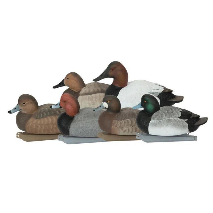 GHG Pro-Grade foam-filled diver duck decoys with realistic feather detail and weighted keels in a mixed species pack.