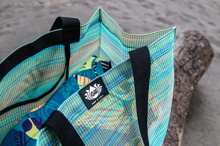 Gili Gear Tote Bag side profile showcasing its tall structured shape and open top