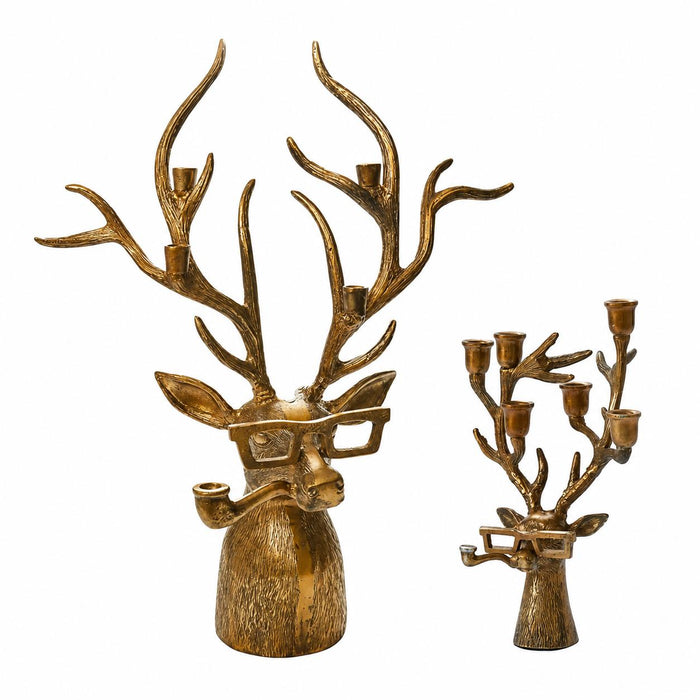 Two gold cast aluminum Frankie buck candelabras with glasses and pipe, featuring six taper candle holders in the antlers.