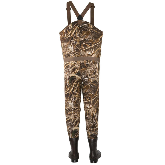Hodgman Brighton camo neoprene bootfoot waders with brown adjustable suspenders and integrated rubber boots.
