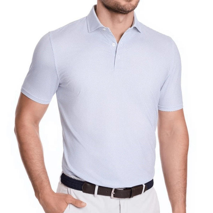 Light blue Holderness & Bourne Davenport performance polo with a micro-perforated pattern and spread collar.