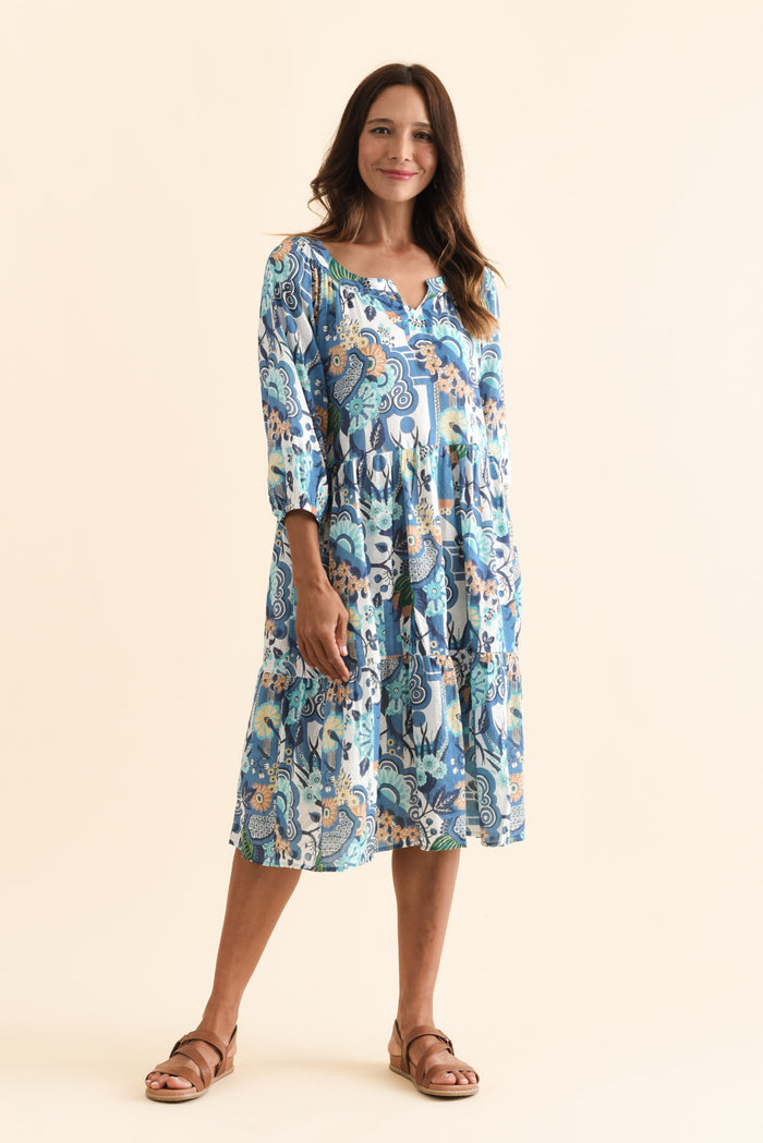 Irene Blue Floral Cotton Blend Dress,Brunette model,alt text|model:Cara