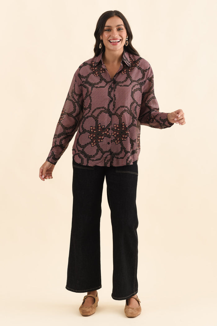 Isa Pink Floral Cotton Silk Shirt,Brunette model,alt text|model:Brontie