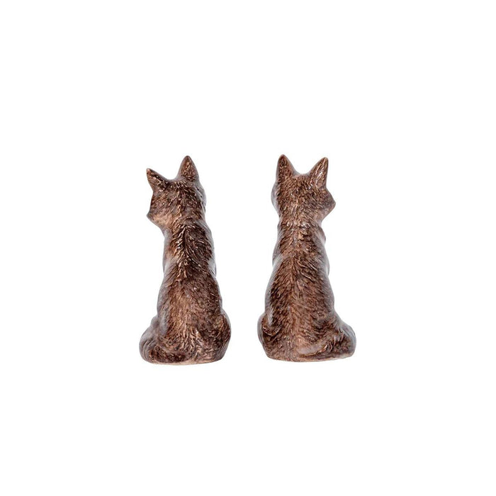Set of two brown ceramic fox salt and pepper shakers with detailed fur texture, 3 inches tall.