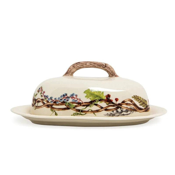 Juliska Forest Walk ceramic butter dish with a faux-wood handle and woodland-inspired berry and vine motif.