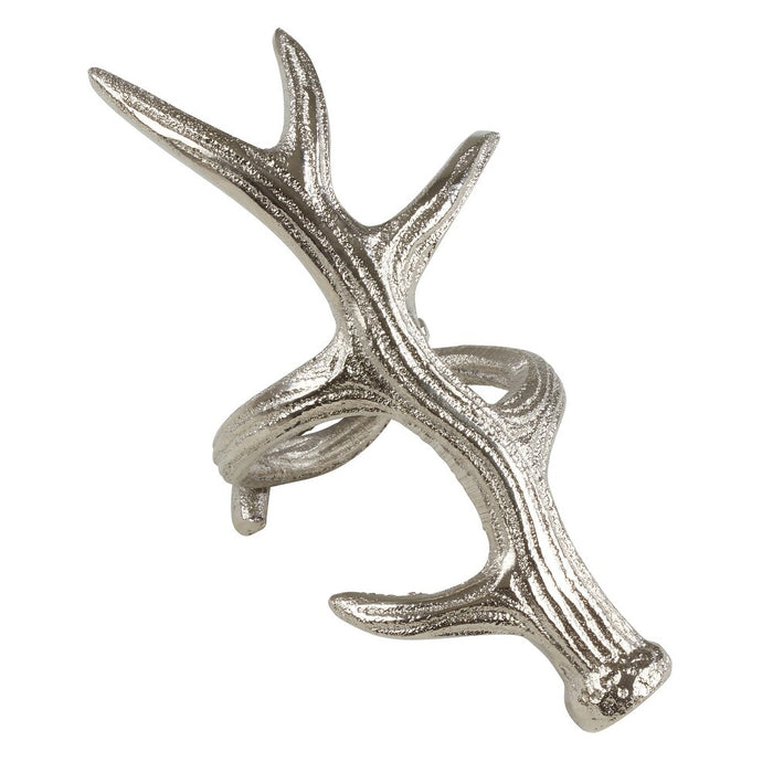 Silver metallic antler-shaped napkin ring with a textured, rustic design for lodge or cabin-themed table decor.