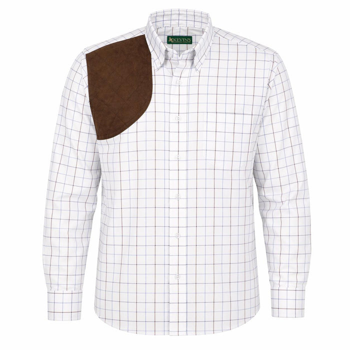Kevin's blue and brown tattersall shooting shirt with a brown suede right-hand recoil pad and button-down collar.