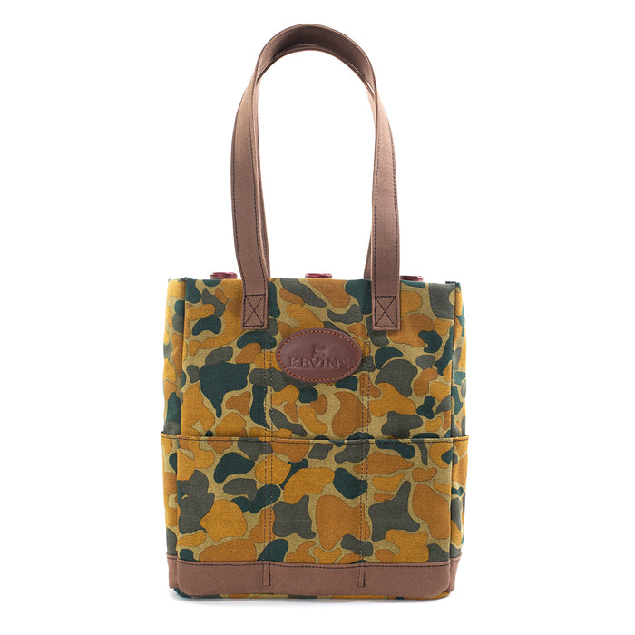 Durable camouflage canvas 3-bottle wine tote with brown leather trim, sturdy carry handles, and exterior storage pockets.