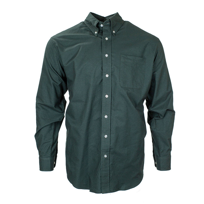 Dark green cotton chamois button-down shirt with a chest pocket and pearlized buttons on a white background.