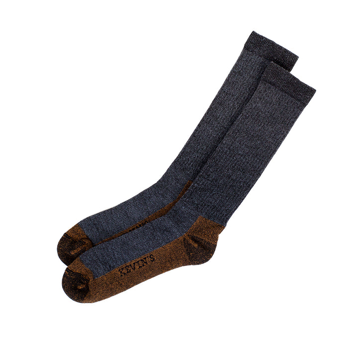 Kevin's copper-infused crew socks in charcoal gray and bronze with a reinforced heel and toe for odor resistance.